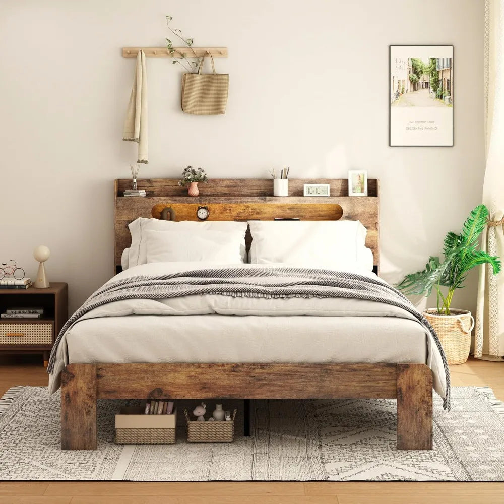 Wooden Storage Bed Frame With Headboard And Charging Station