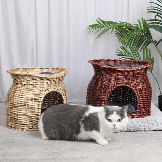 Two Tier Wicker Cat Bed Play House With Plush Cushions