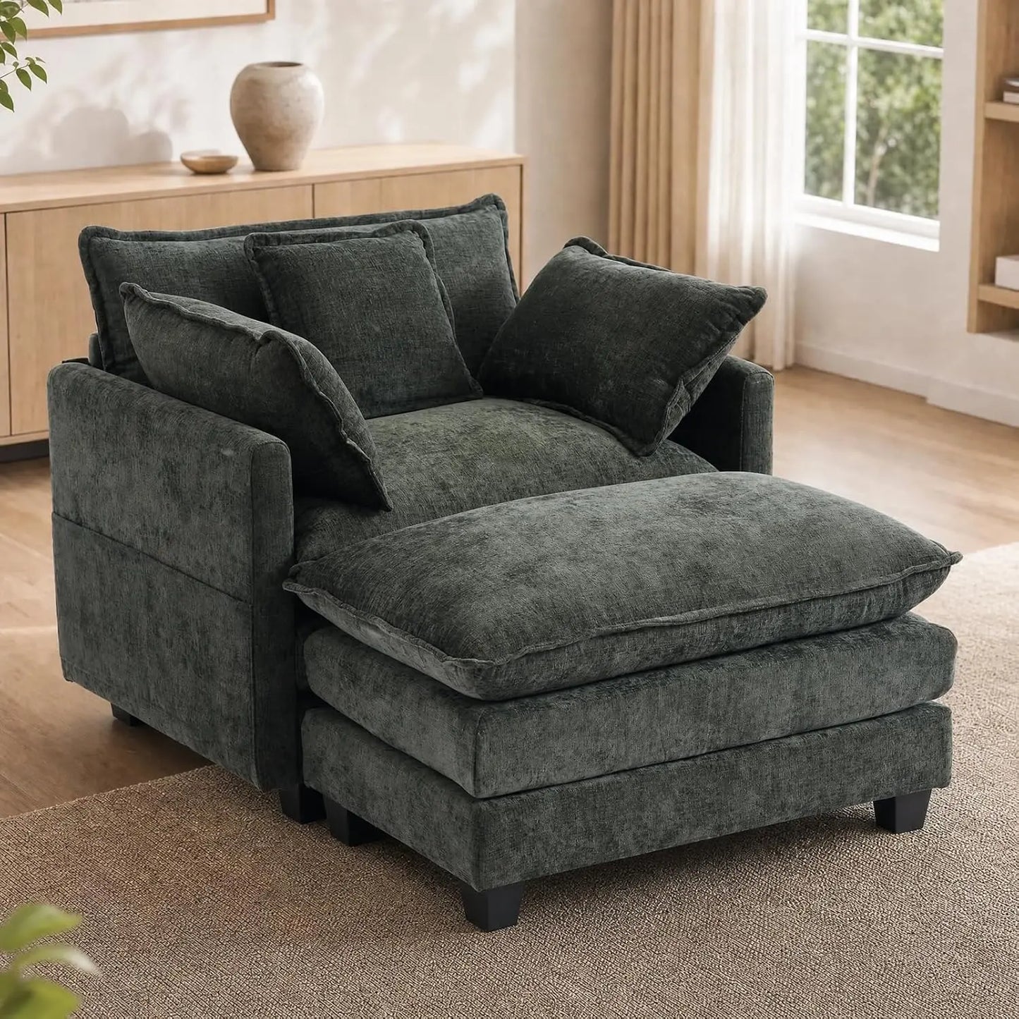 Chenille Upholstered Chair With Ottoman Luxury Accent Sofa