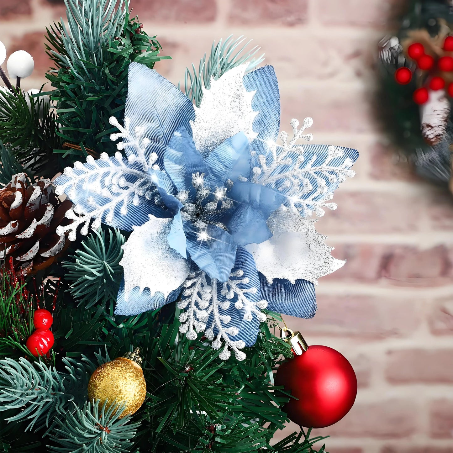 Glitter Poinsettia Floral Clips Pack for Christmas Decor