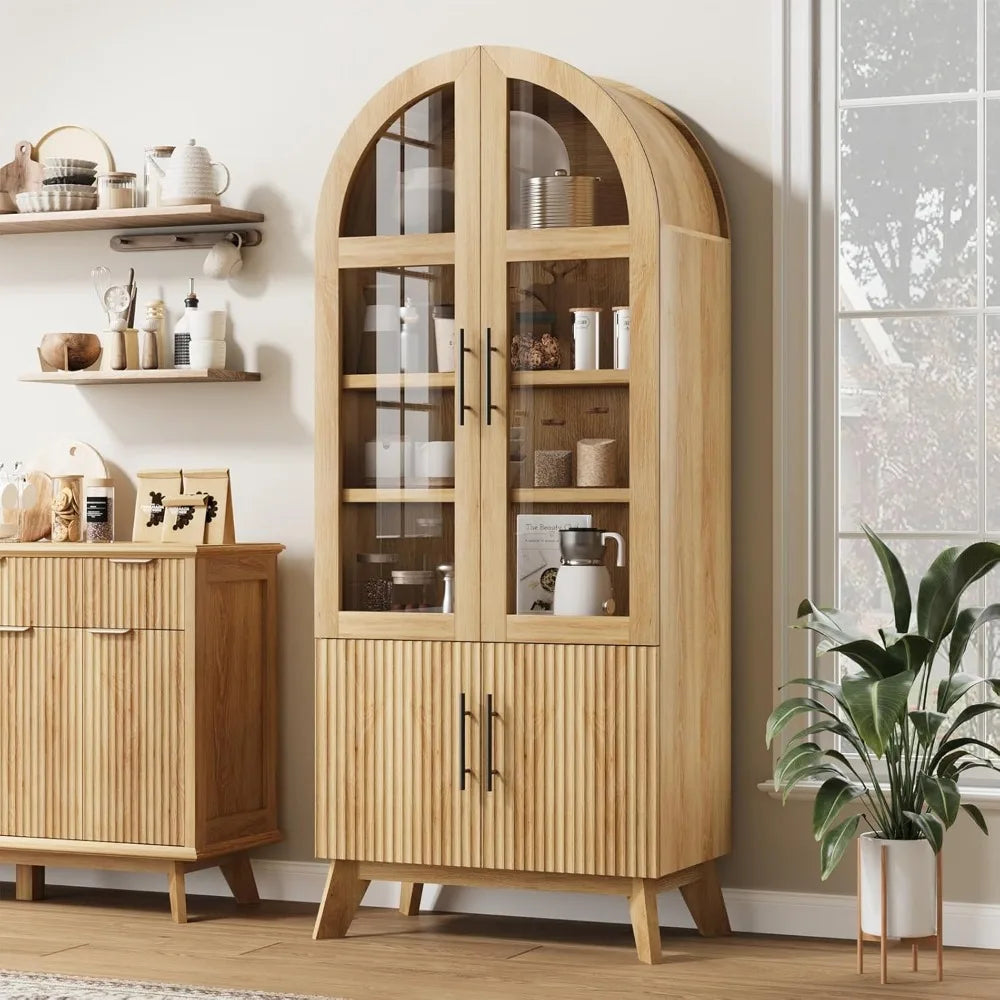 Modern Fluted Glass Door Pantry Cabinet Adjustable Shelves