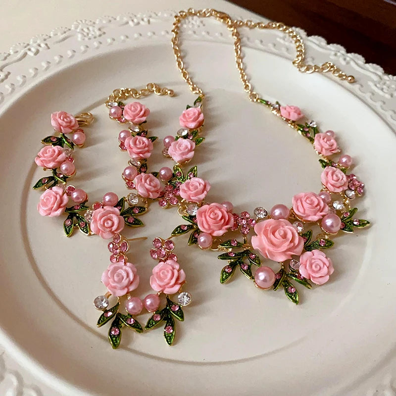 Romantic Rose Jewelry Set Necklace Bracelet Earrings For Women Fashion