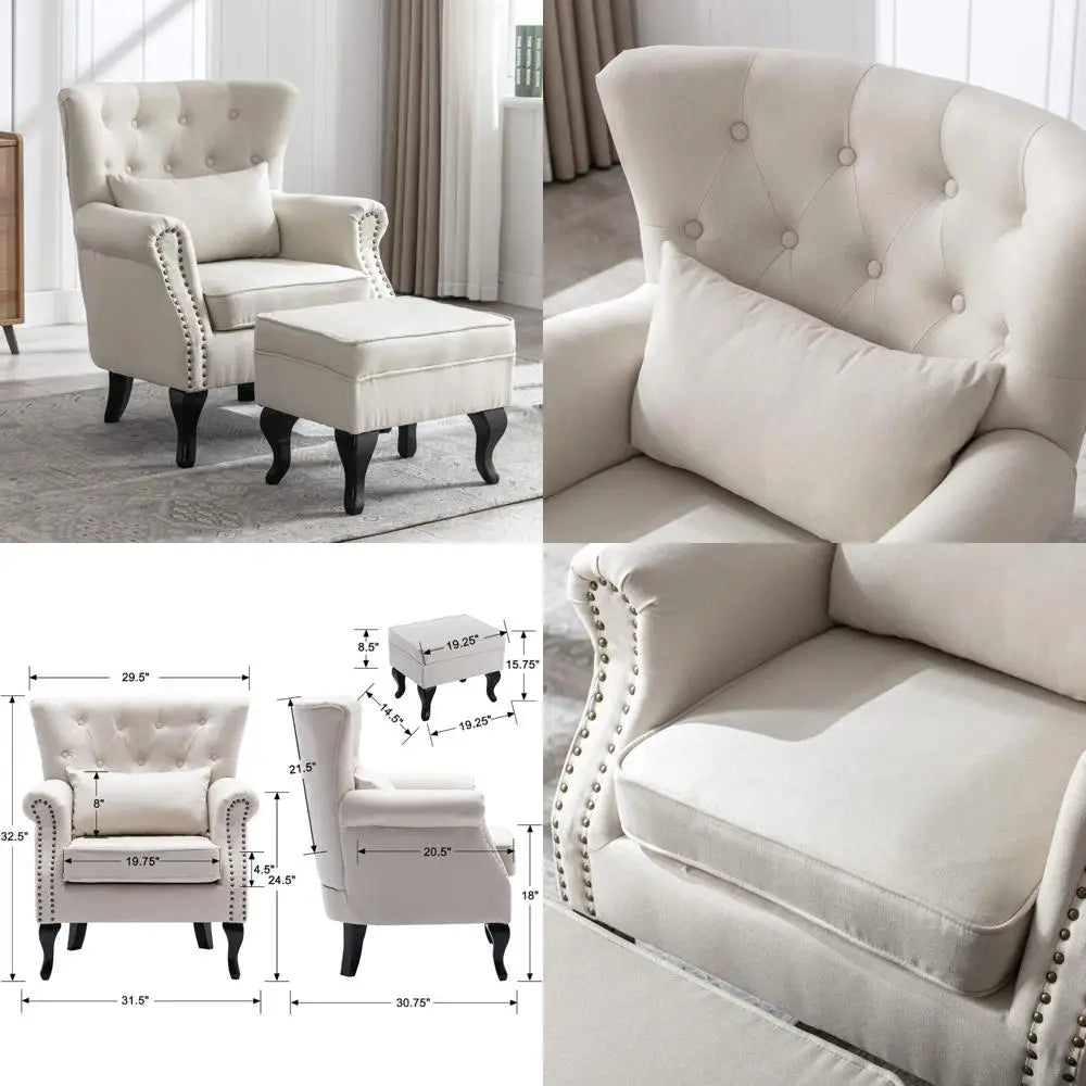 Mid Century Linen Wingback Armchair With Tufted Back