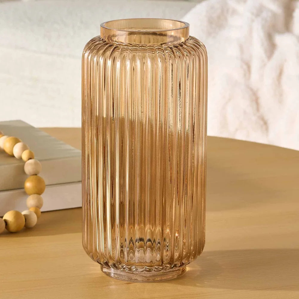 Ribbed Glass Vase Elegant Cylinder Floral Holder For Home Decor