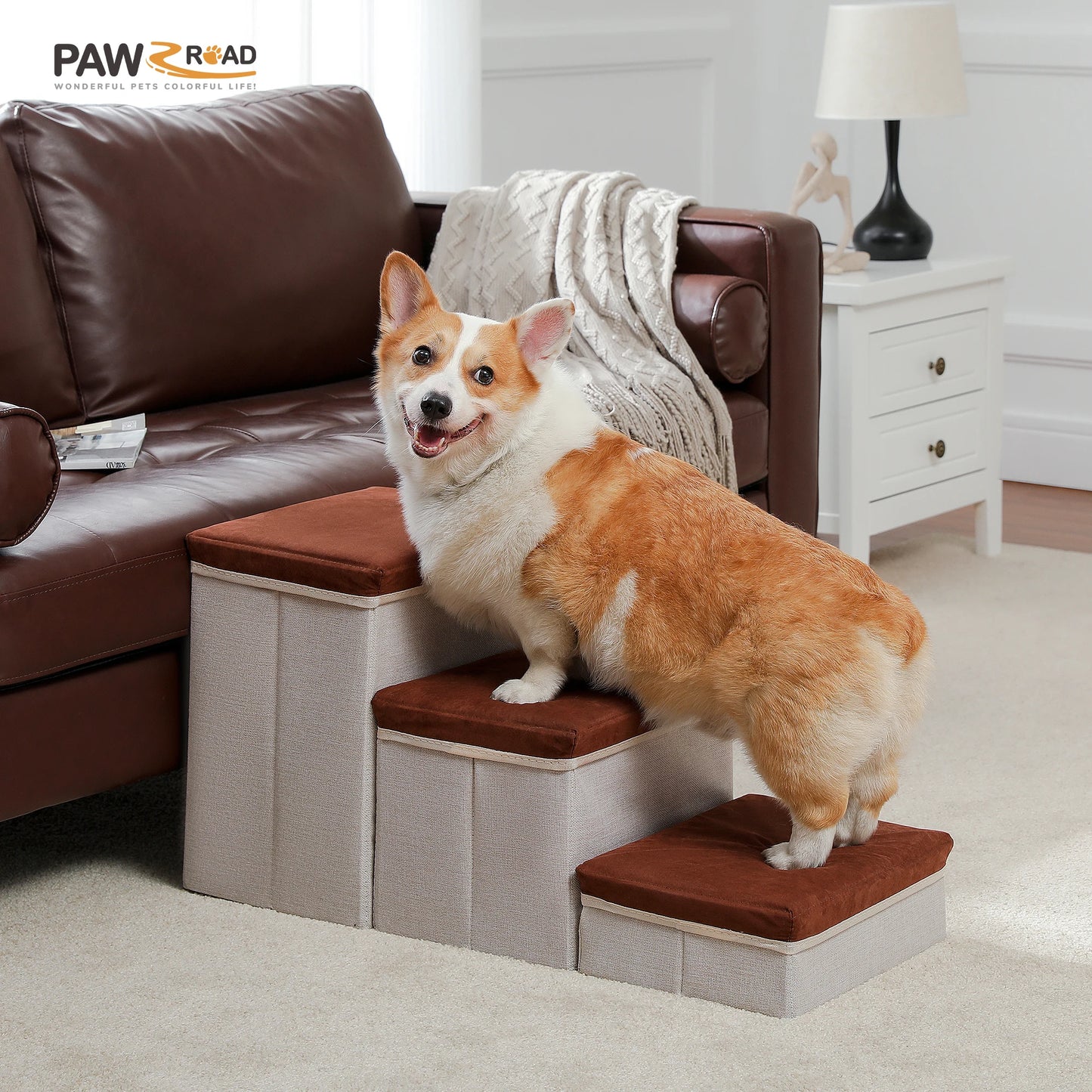 Three Tier Foldable Dog Stairs With Storage Non Slip Ramp