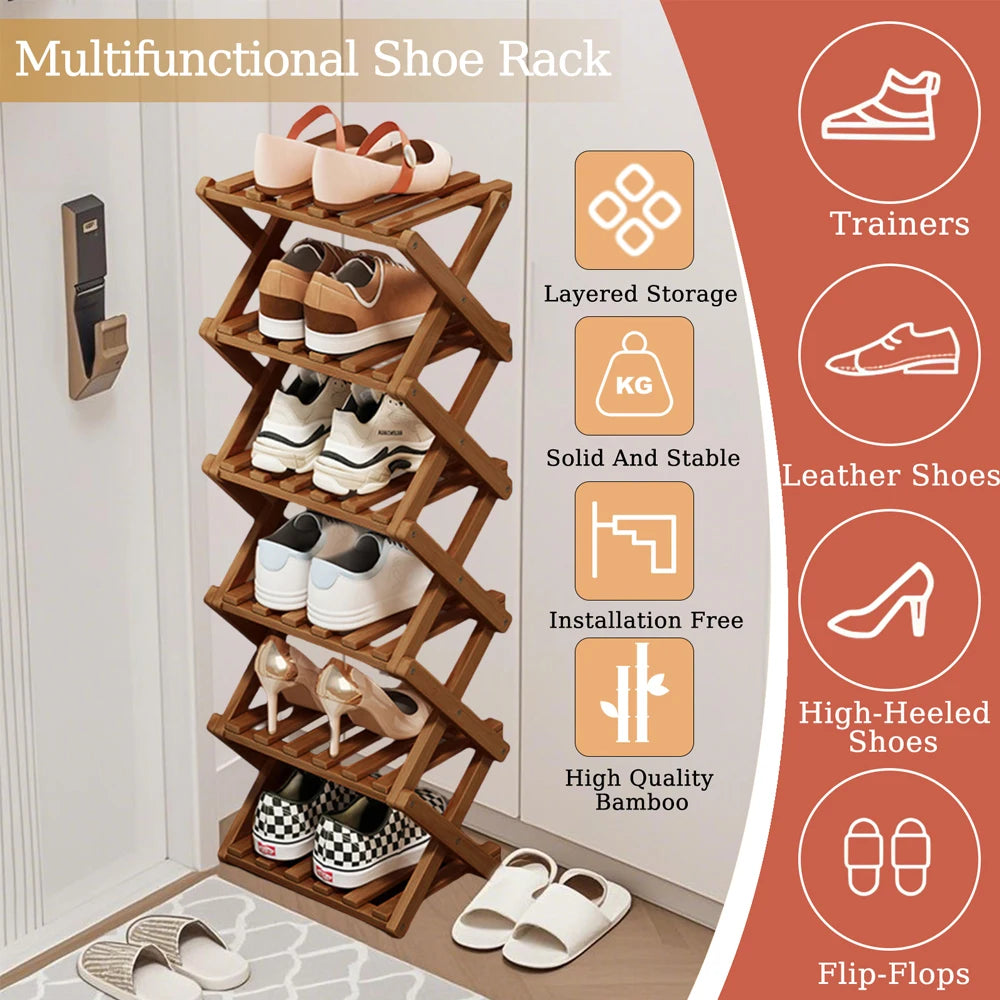 Bamboo Foldable Shoe Rack Free Standing Storage Organizer