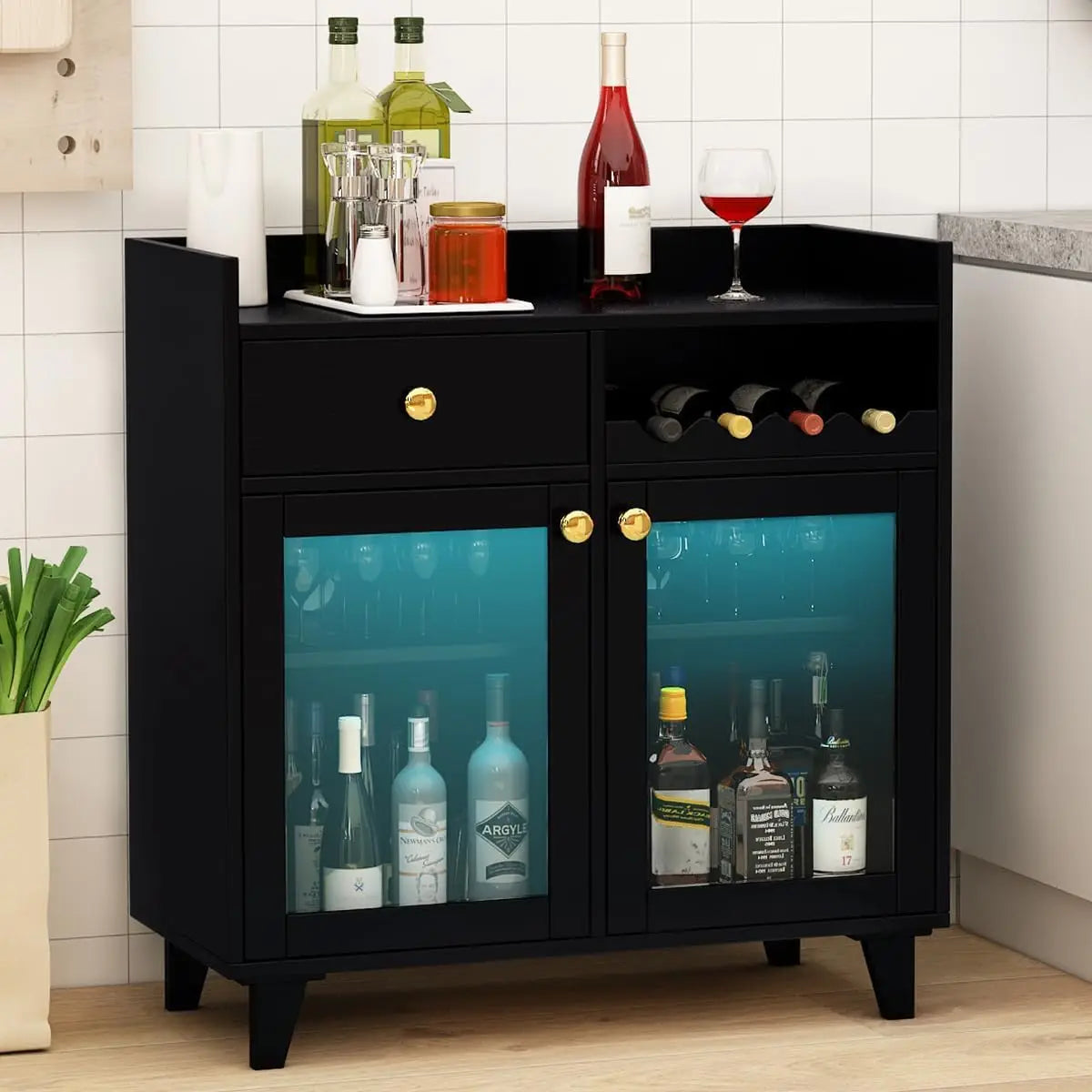 Wine Cabinet With Glass Doors And LED Lighting For Bar