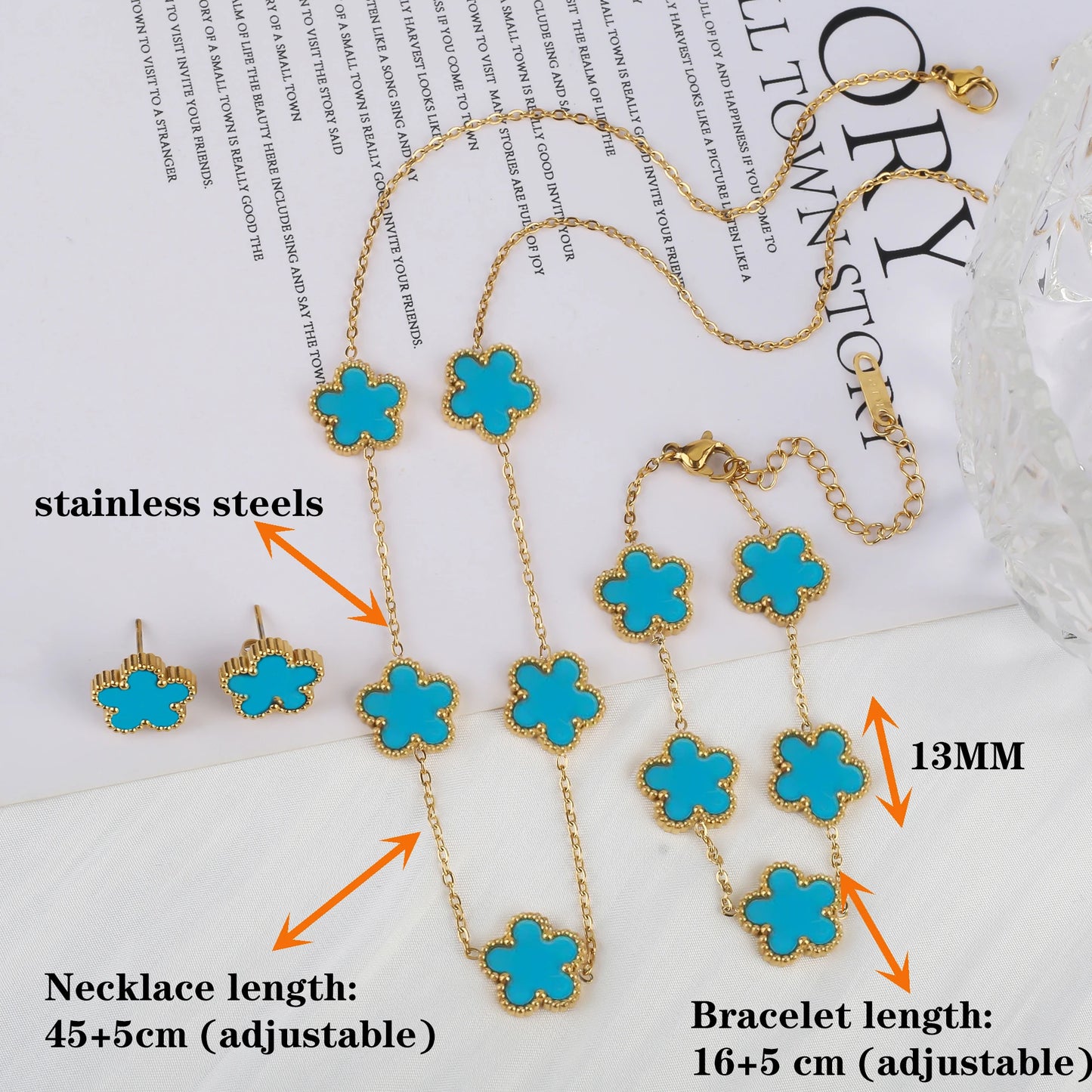 NONED Five-Leaf Clover Jewelry Set Necklace Earrings Bracelet