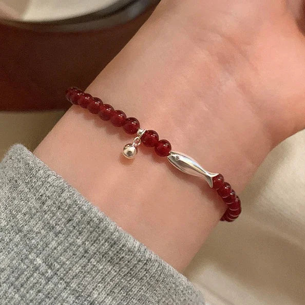 Real 925 Sterling Silver Agate Bead Fish Charm Bracelet