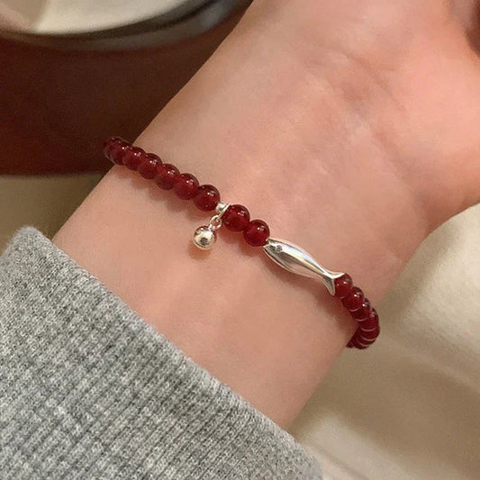Real 925 Sterling Silver Agate Bead Fish Charm Bracelet
