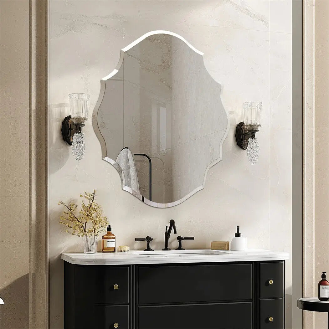 Frameless Scalloped Oval Wall Mirror Decor Beveled Edge Vanity Mirror for Bathroom Bedroom Living Room Dining Room Entry