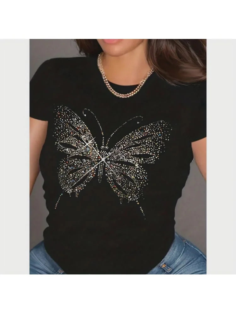 Butterfly Pattern Crew Neck T Shirt For Women Summer Casual