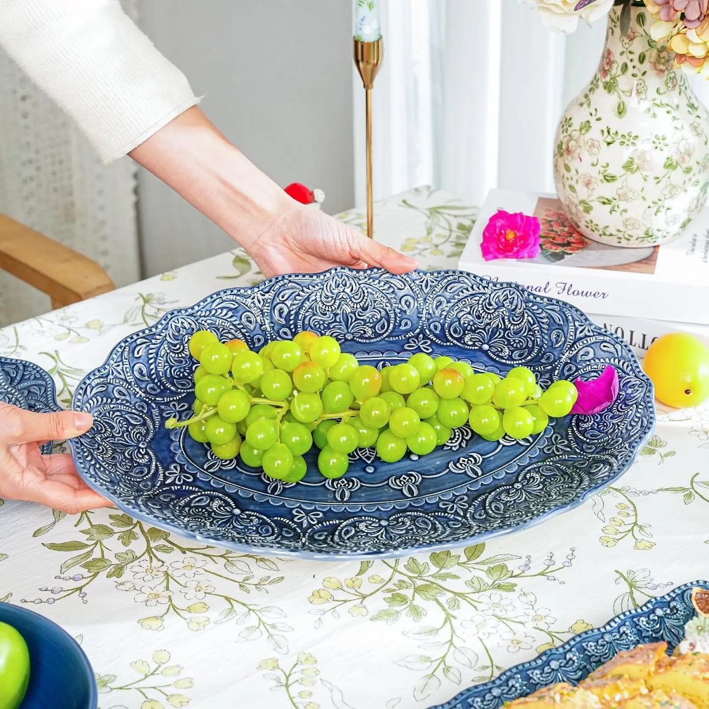 Embossed Stoneware Dinnerware Baroque Serving Platter Set