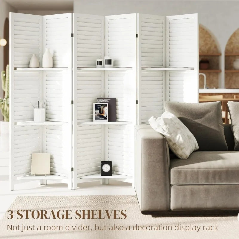 Room Divider 6 Panel Wood Privacy Screen With Display Shelves Folding Storage