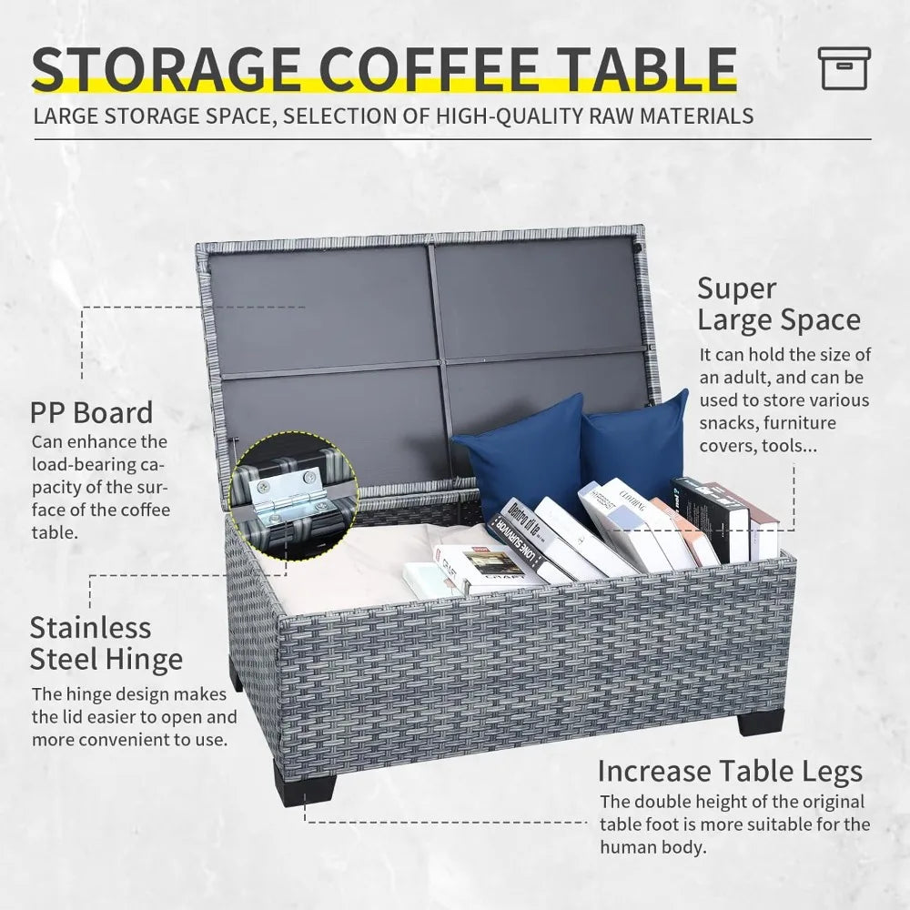 All Weather Wicker Patio Set With Storage Table And Cushions