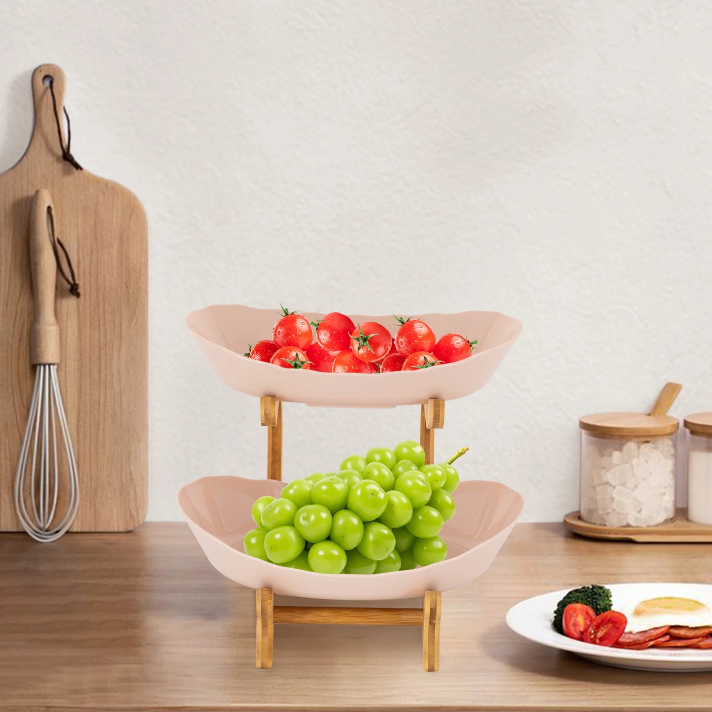 Two Tier Bamboo Fruit Bowl Stand For Fresh Kitchen Display