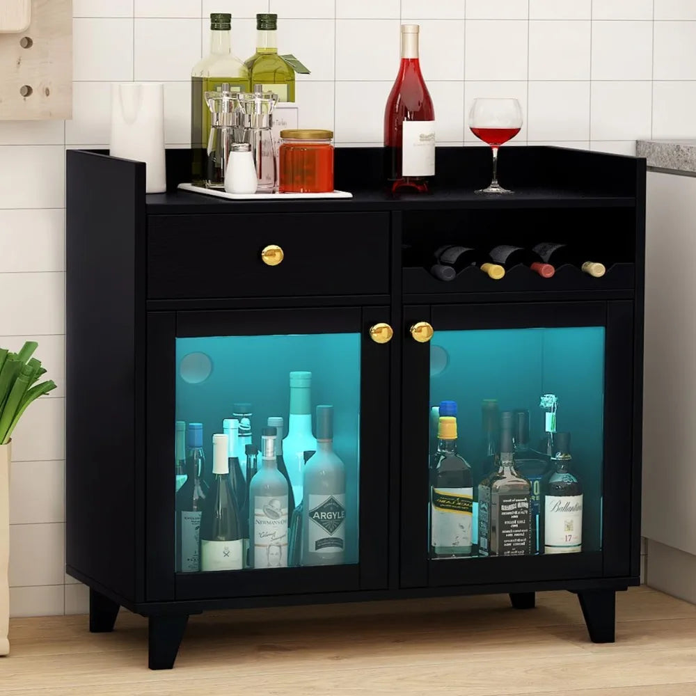 Wine Cabinet With Glass Doors And LED Lighting For Bar
