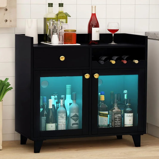 Wine Cabinet With Glass Doors And LED Lighting For Bar