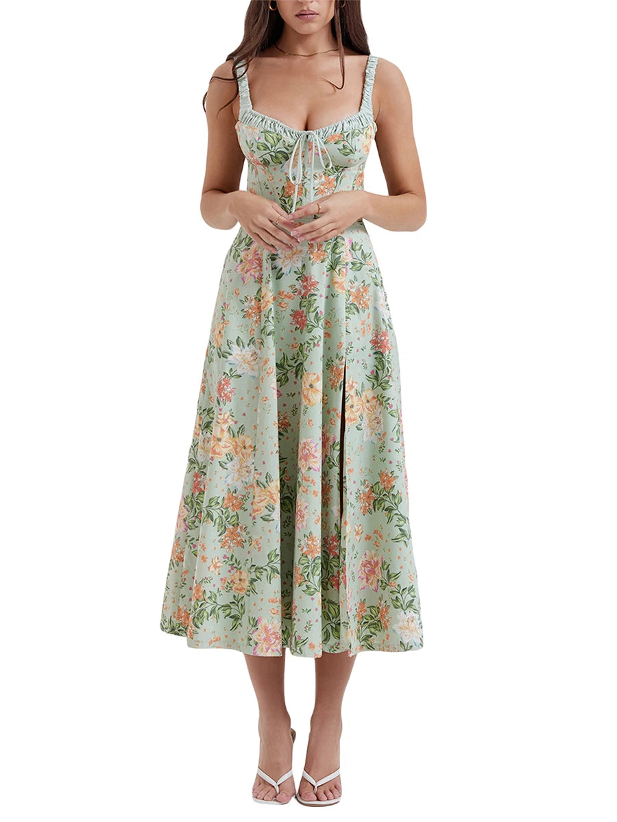 Women Summer Casual Midi Dress Floral Print Low Cut Sleeveless Sling Backless Fashion Dress