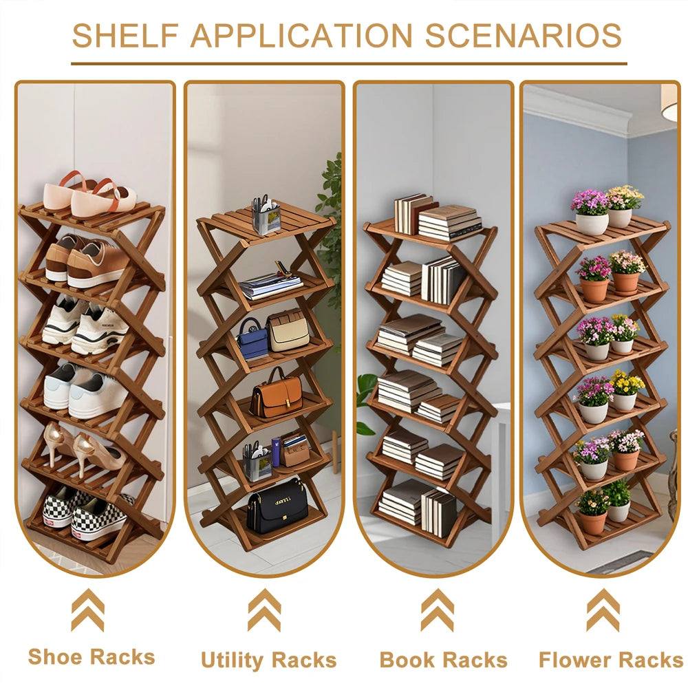 Bamboo Foldable Shoe Rack Free Standing Storage Organizer