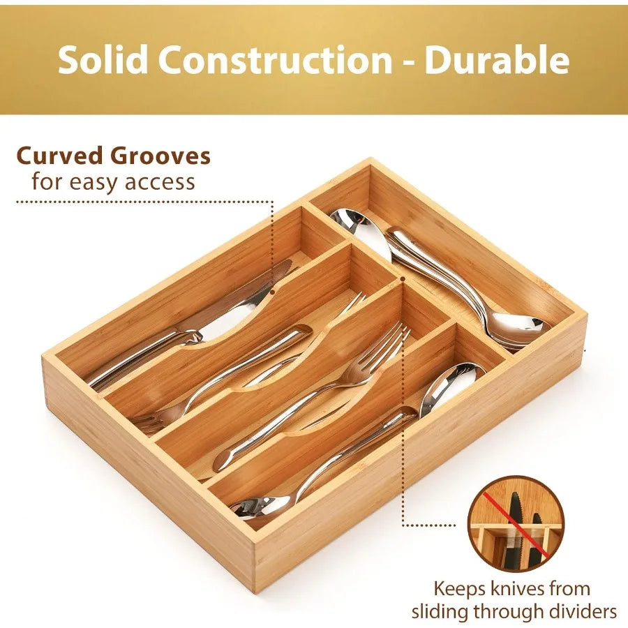Bamboo Kitchen Drawer Organizer for Utensils and Cutlery Storage