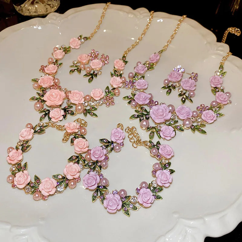 Romantic Rose Jewelry Set Necklace Bracelet Earrings For Women Fashion