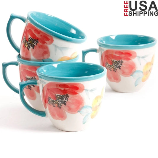 Floral-Patterned 4-Piece Vintage Stoneware Coffee Mug Set For Everyday-Use Kitchen