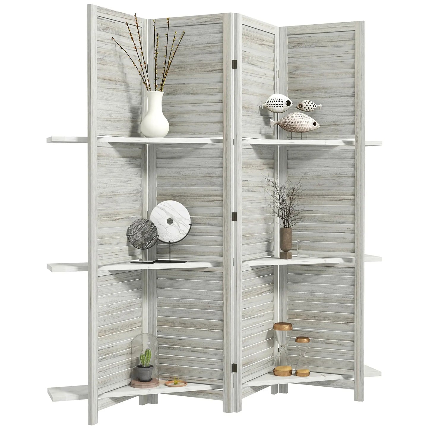 Room Divider 6 Panel Wood Privacy Screen With Display Shelves Folding Storage