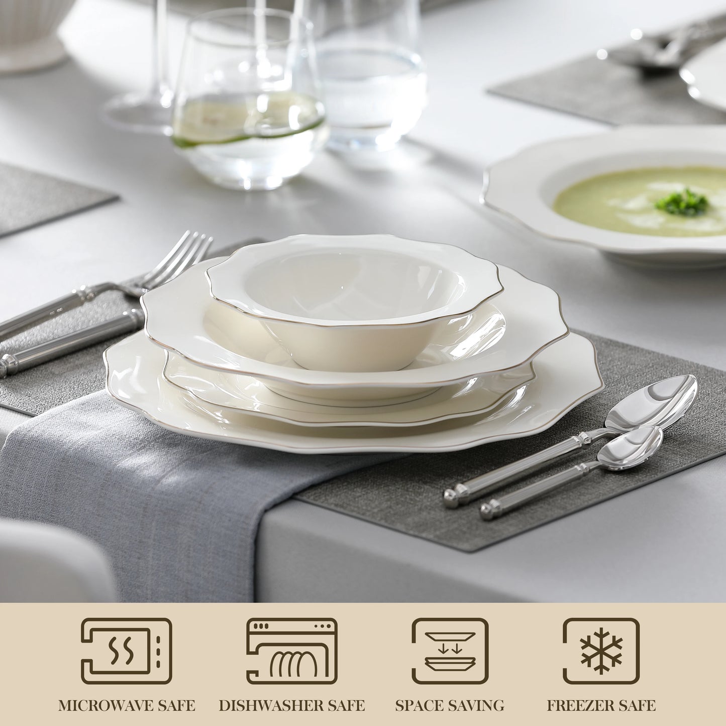 MALACASA Nordic European Golden Rim White Porcelain Tableware Set