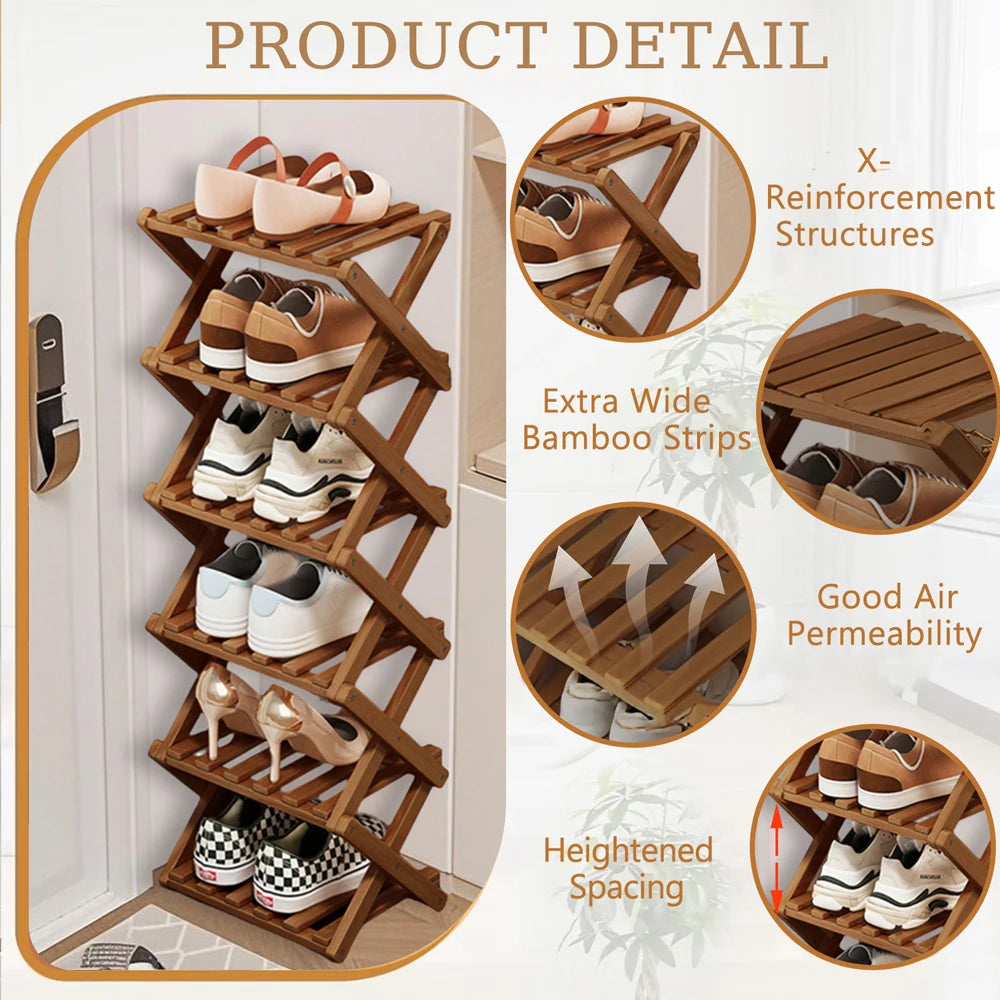 Bamboo Foldable Shoe Rack Free Standing Storage Organizer