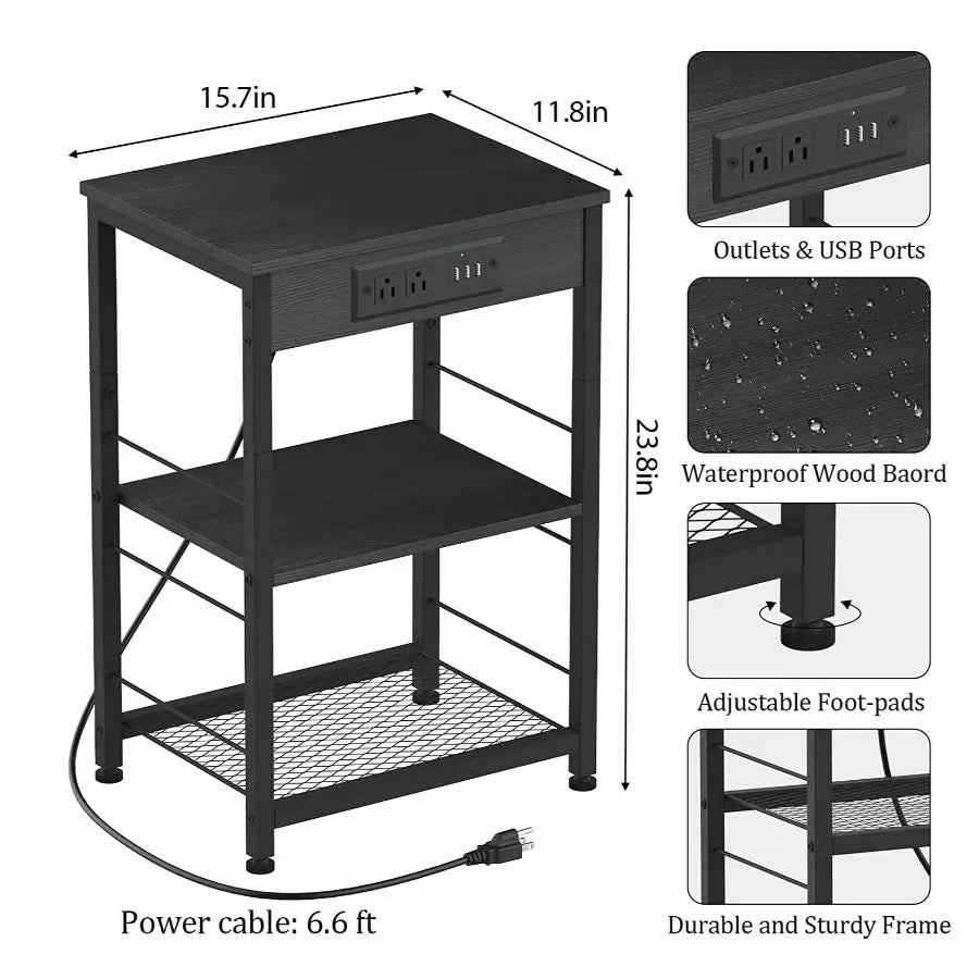 Bedside Table With Three Tier Charging Station And Storage Rack