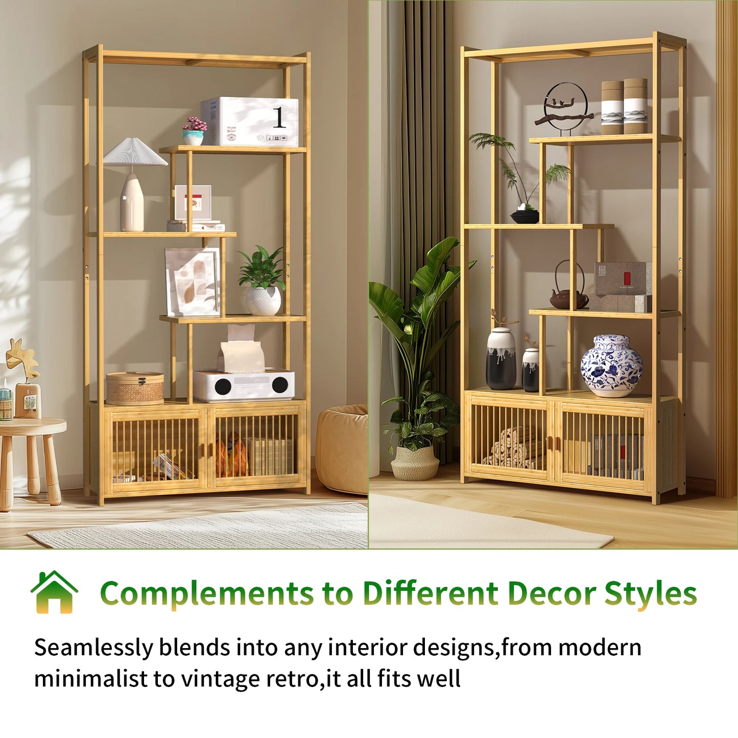 Bamboo 6 Tier Bookshelf With Cabinet Storage Rack Living Room