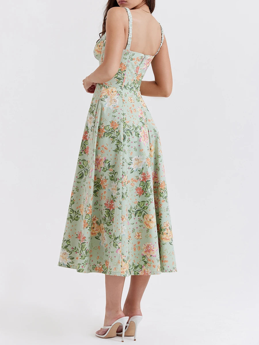 Women Summer Casual Midi Dress Floral Print Low Cut Sleeveless Sling Backless Fashion Dress