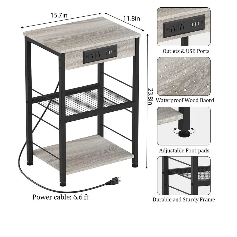 Bedside Table With Three Tier Charging Station And Storage Rack