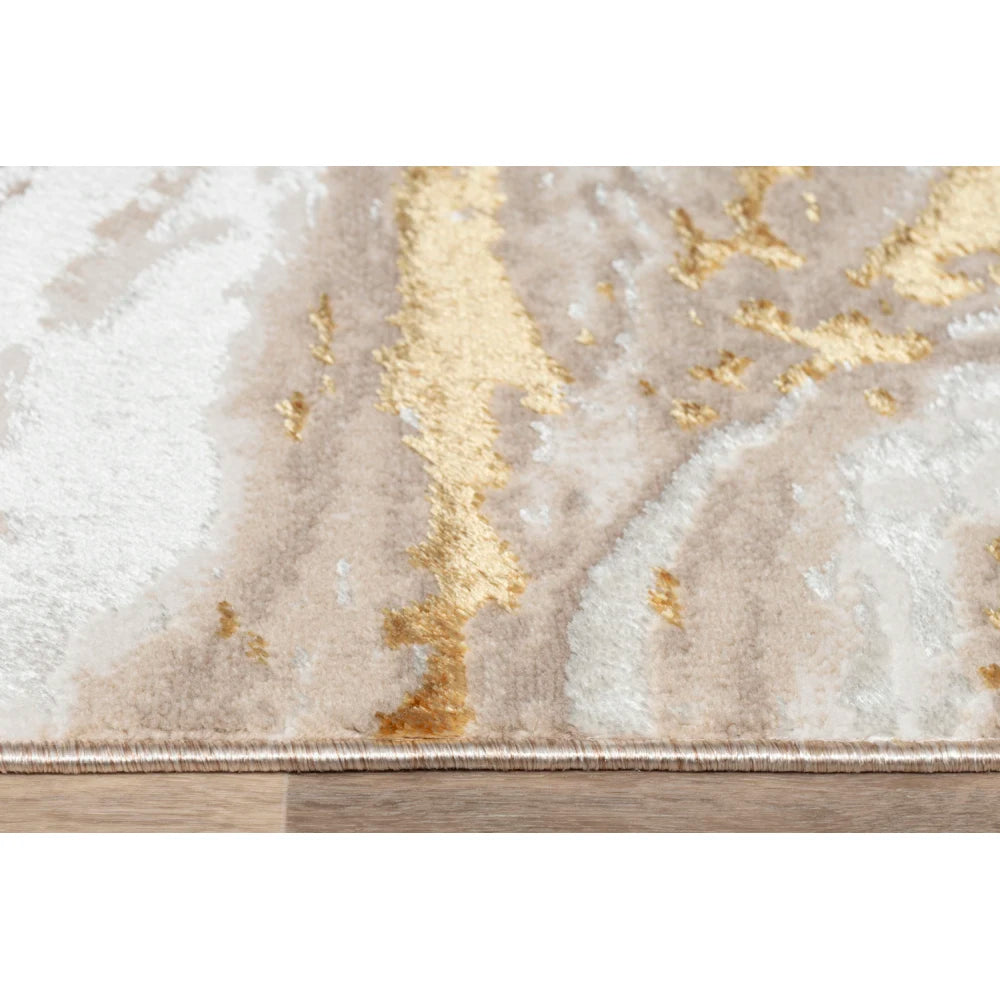 Adina Luxury Area Rug in Beige and Gold Abstract Design