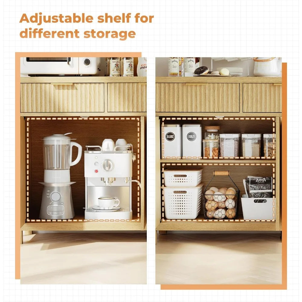 Fluted Buffet Sideboard With Drawers For Home Bar Storage