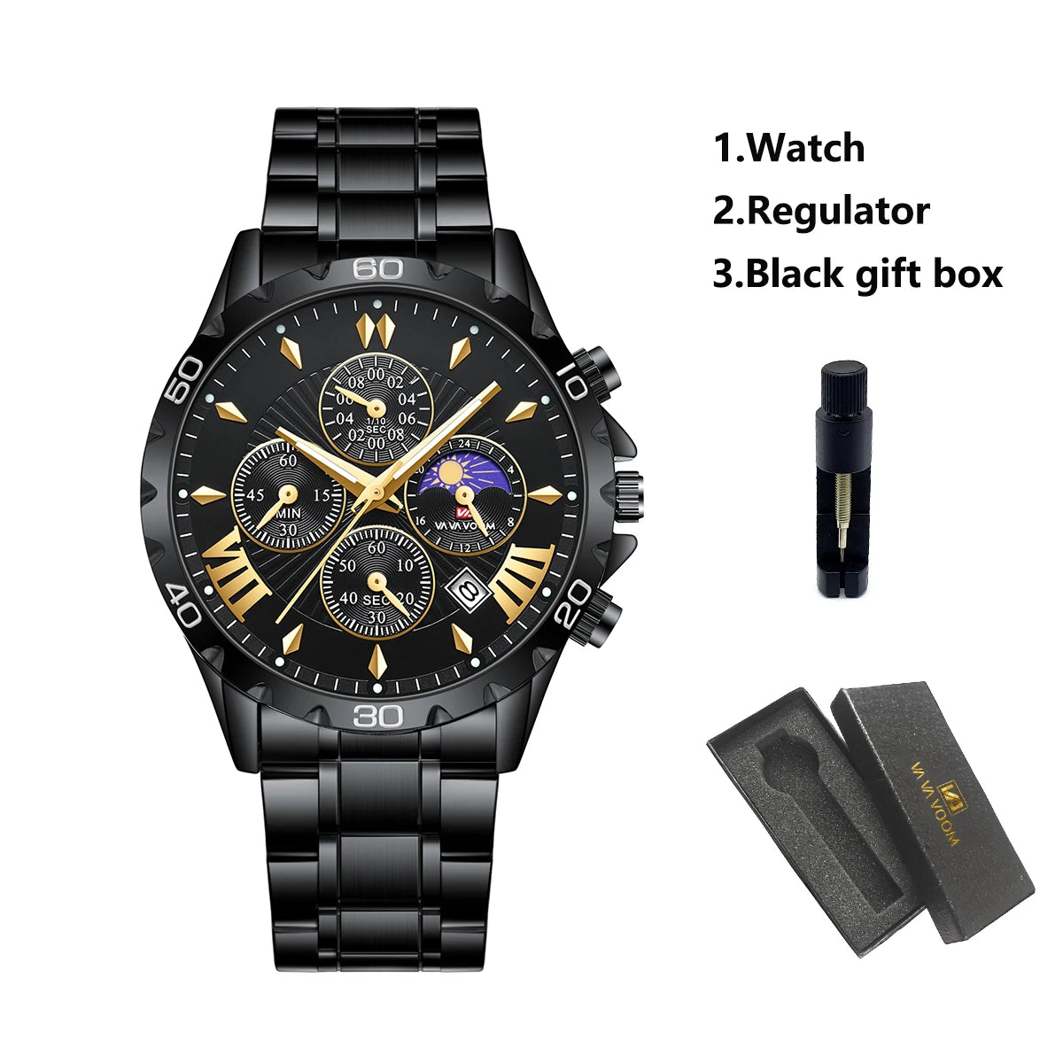 Va Va Voom Top Brand Luxury Quartz Sports Watch for Men Waterproof Luminous Stainless Steel Chronograph Wristwatch