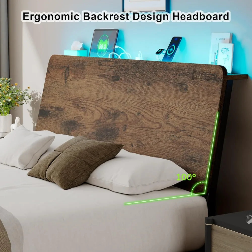 Bed Frame Storage Headboard LED Platform Charging Station