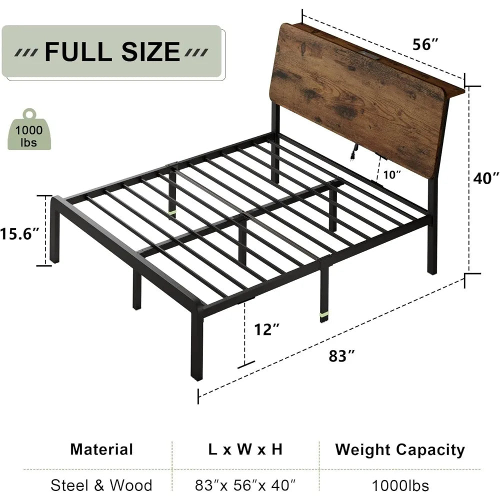 Bed Frame Storage Headboard LED Platform Charging Station