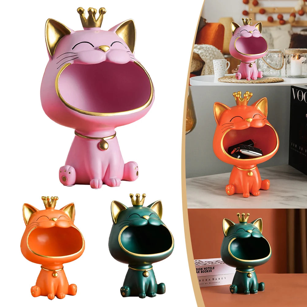 Laughing Cat Resin Statue Lucky Cat Desktop Storage Figurine