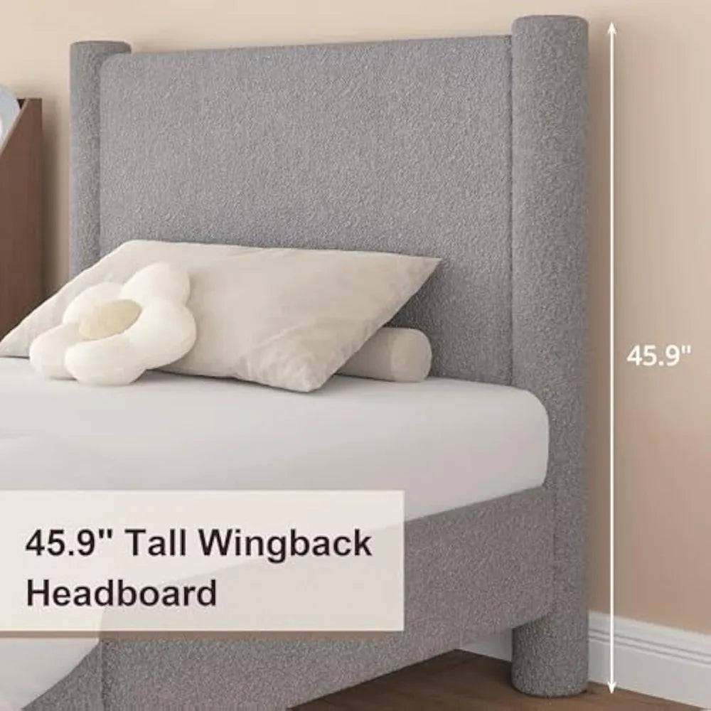 Boucle Upholstered Platform Bed With Headboard Footboard