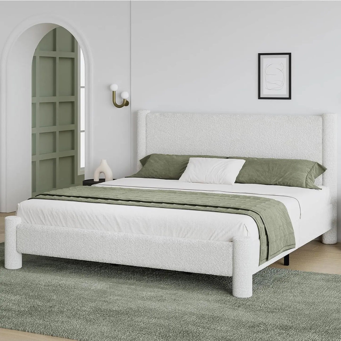 Boucle Upholstered Platform Bed With Headboard Footboard