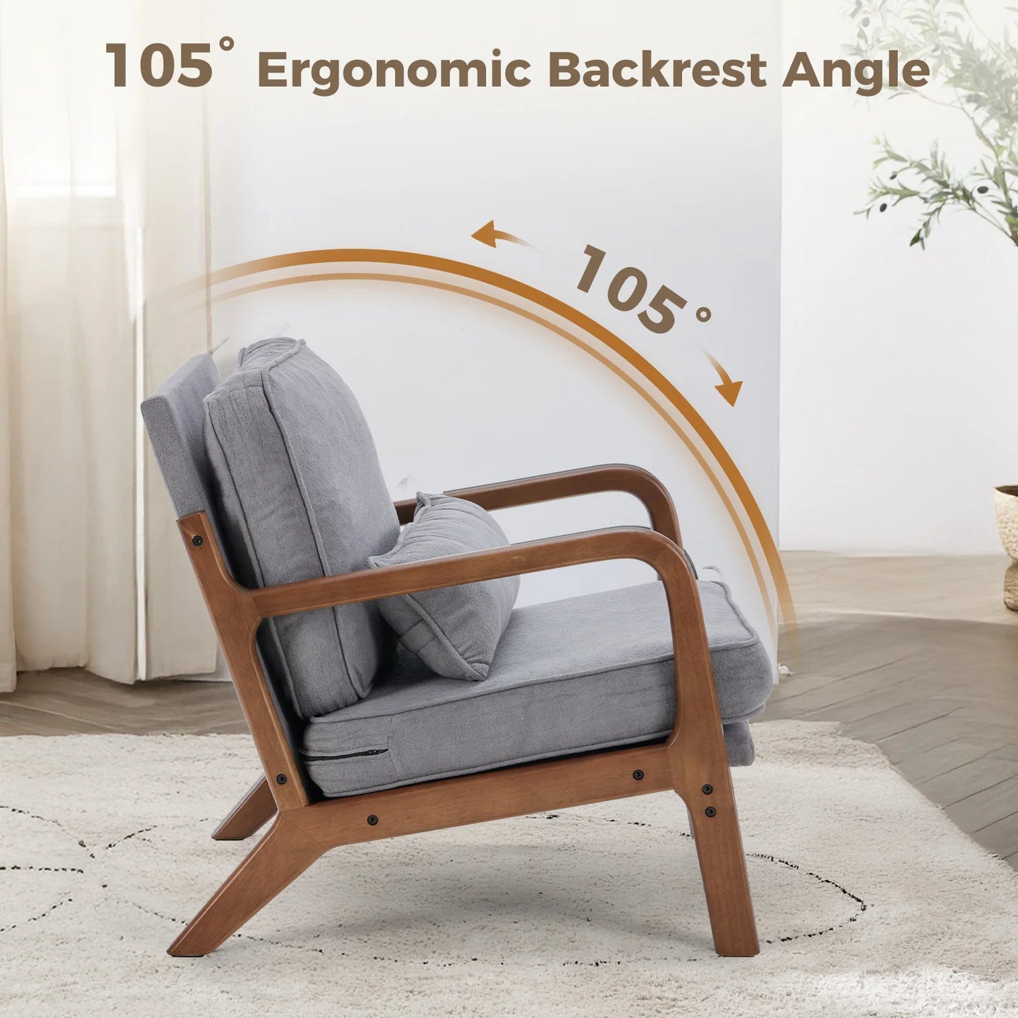 JHK Mid Century Modern Wooden Frame Accent Chair With Arms