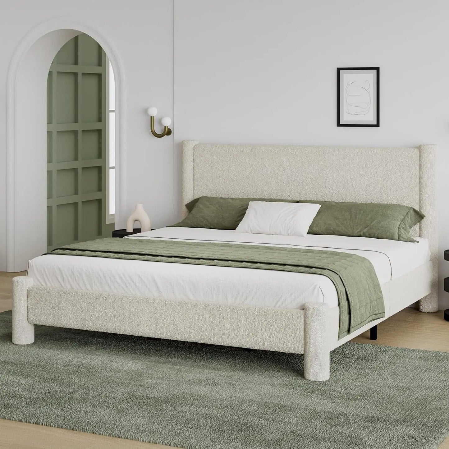 Boucle Upholstered Platform Bed With Headboard Footboard