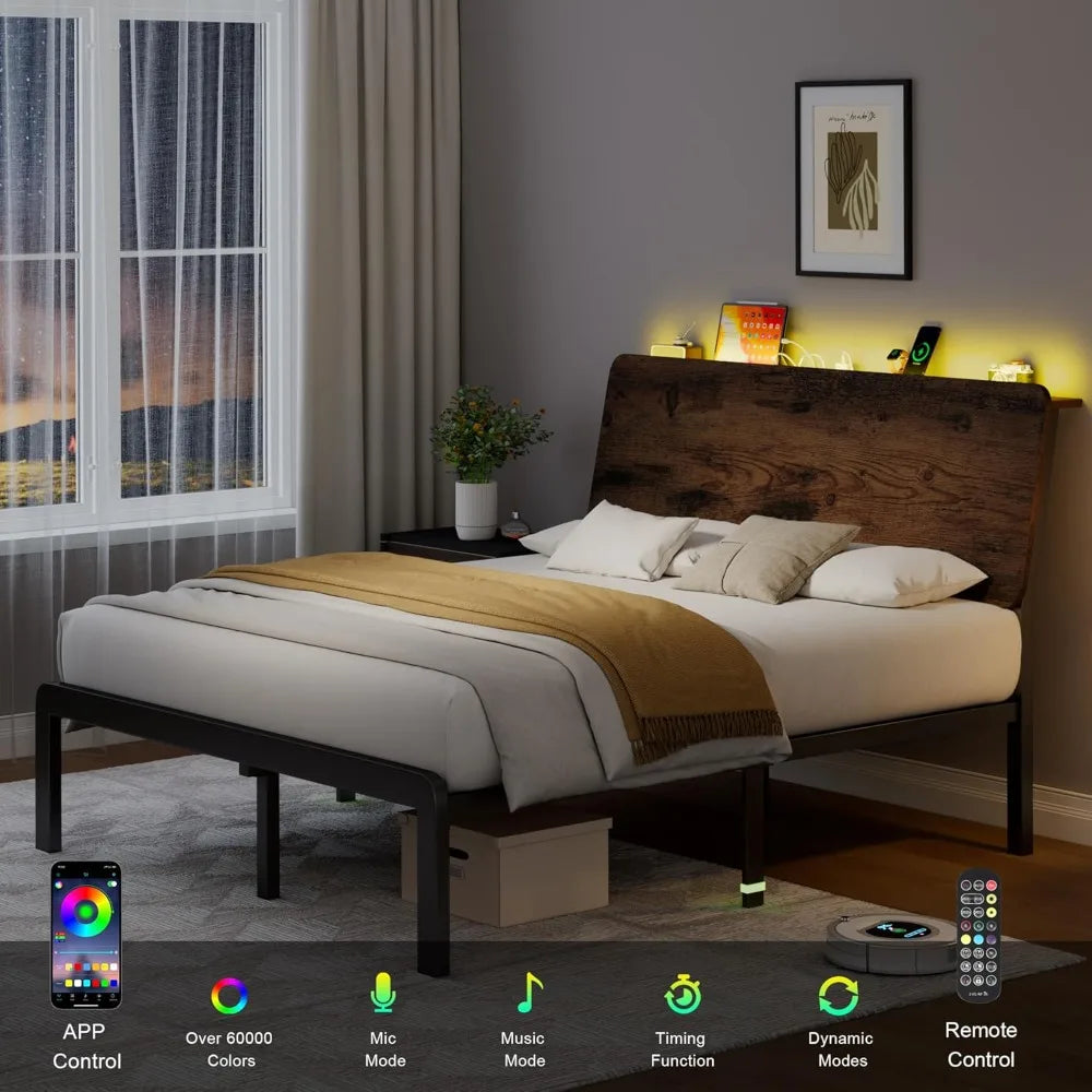 Bed Frame Storage Headboard LED Platform Charging Station