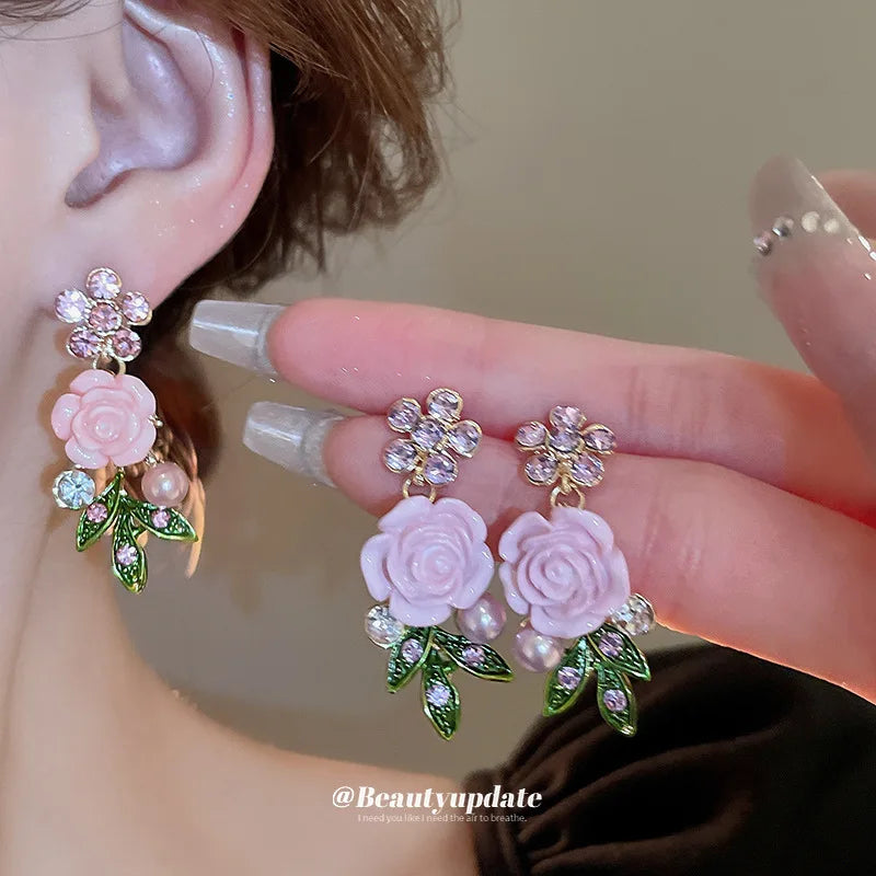 Romantic Rose Jewelry Set Necklace Bracelet Earrings For Women Fashion