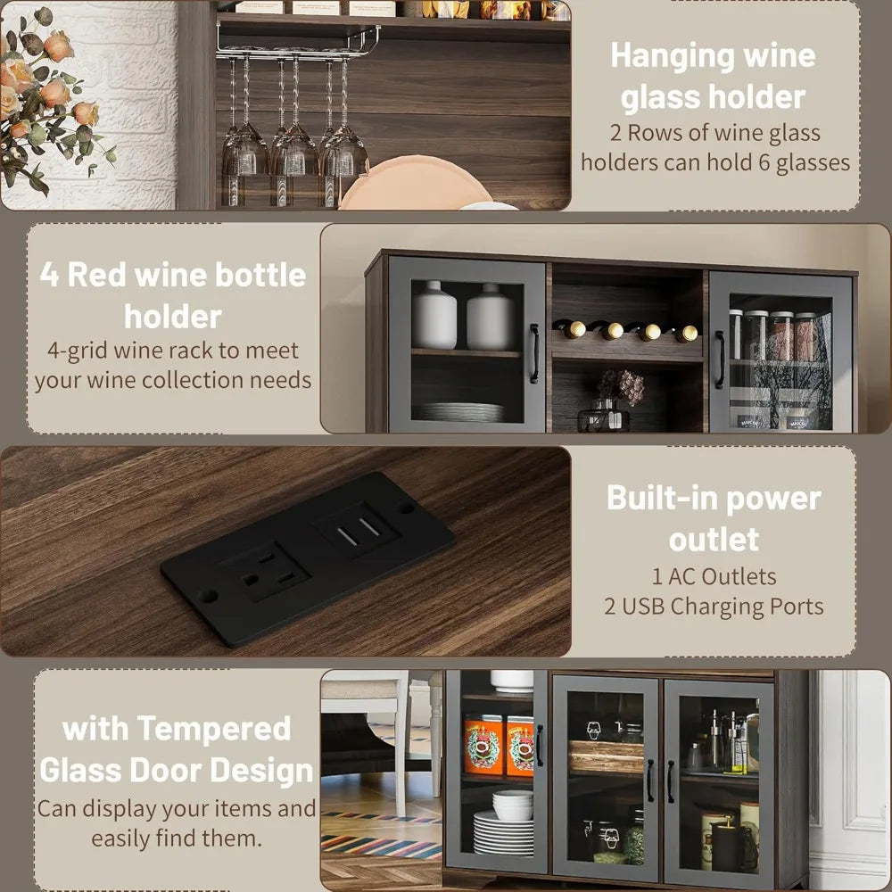 Rustic Coffee Bar Cabinet with Power Outlet and LED Lights