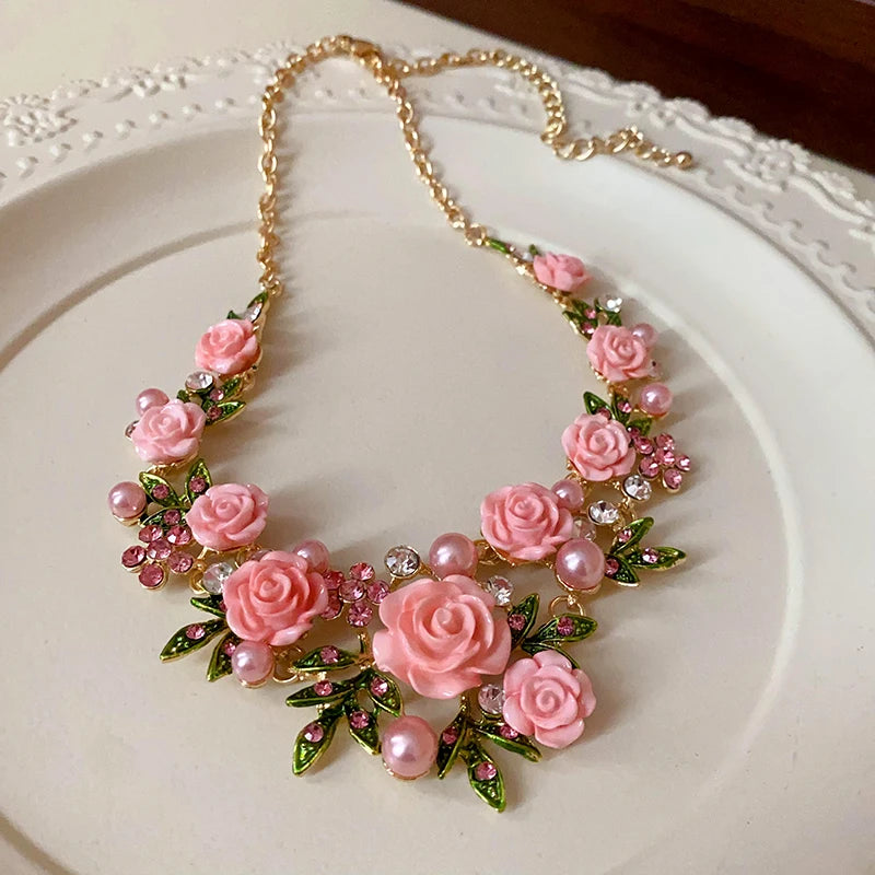Romantic Rose Jewelry Set Necklace Bracelet Earrings For Women Fashion