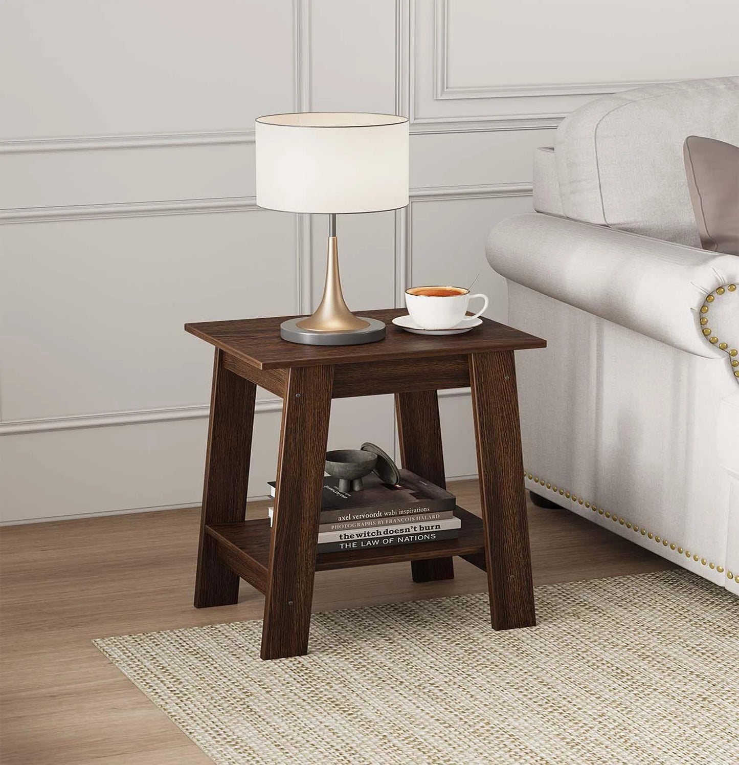 Wooden End Table And Nightstand With Two Tier Storage Shelf