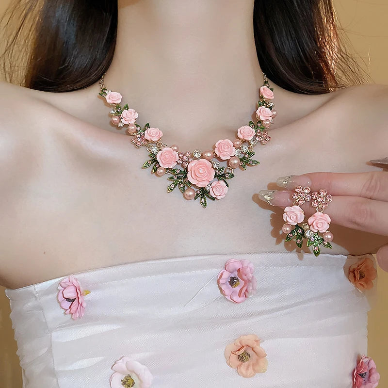 Romantic Rose Jewelry Set Necklace Bracelet Earrings For Women Fashion